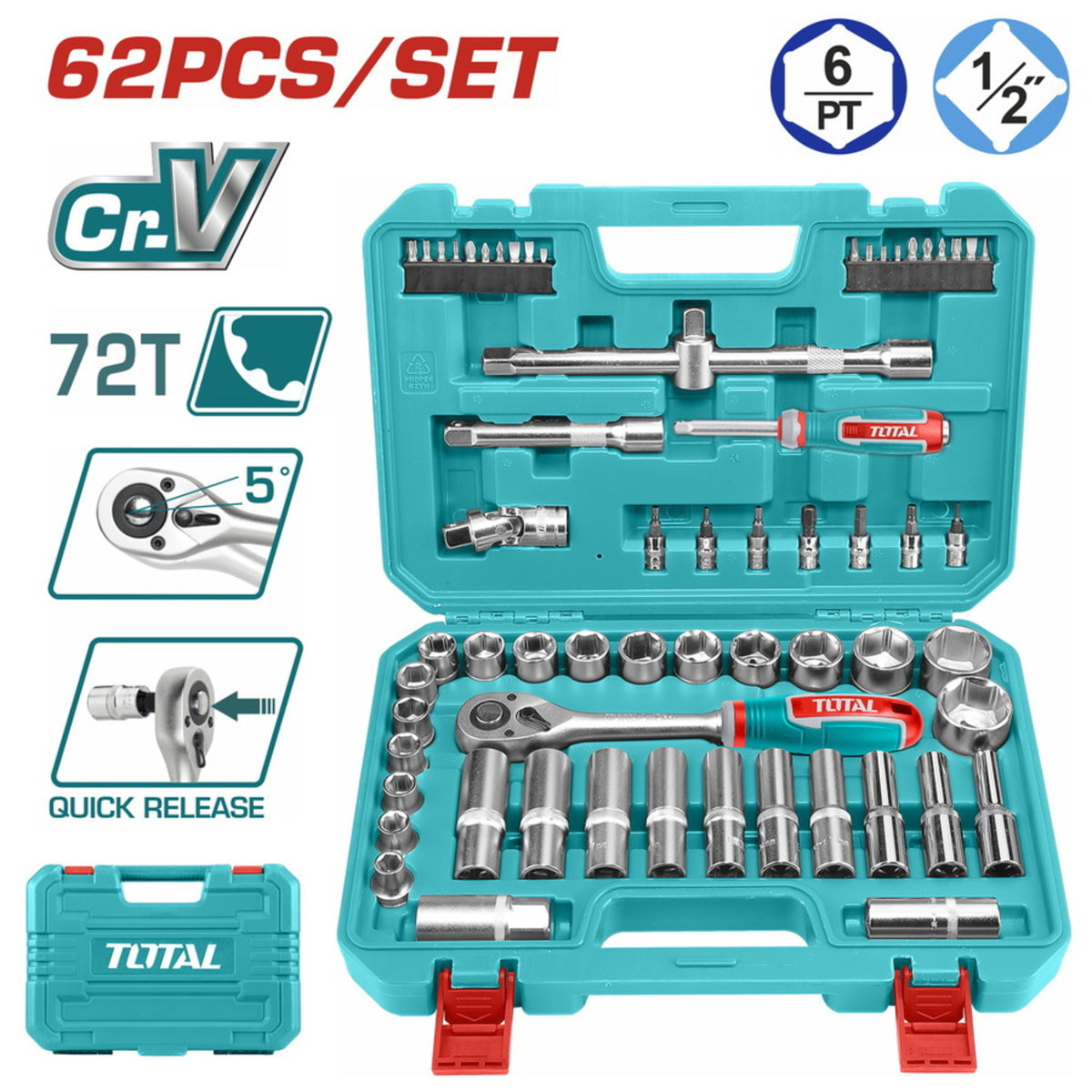 TOTAL THT121602 62 Pcs 1/2" Socket Set