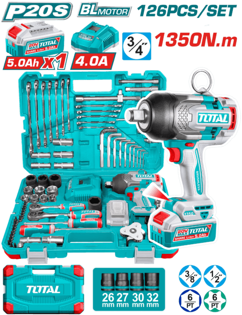 TOTAL 126 Pcs Cordless Impact Wrench Tools Set  THKTHP31262